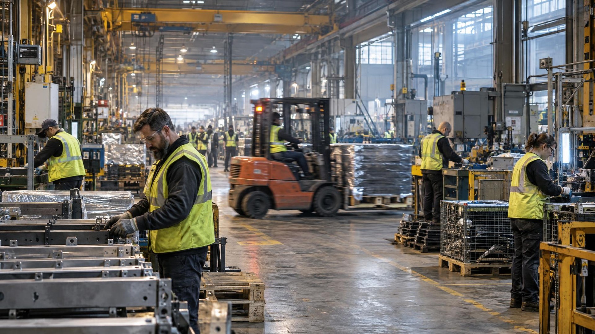 Workers in yellow safety vests assemble metal components along a factory line while a forklift carries palletized goods through the aisle.